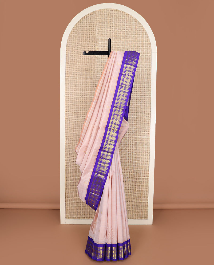 Sandal zari buttas Kanchipuram silk saree, contrast one-sided korvai border of vanki, and poun designs, and zari design pallu