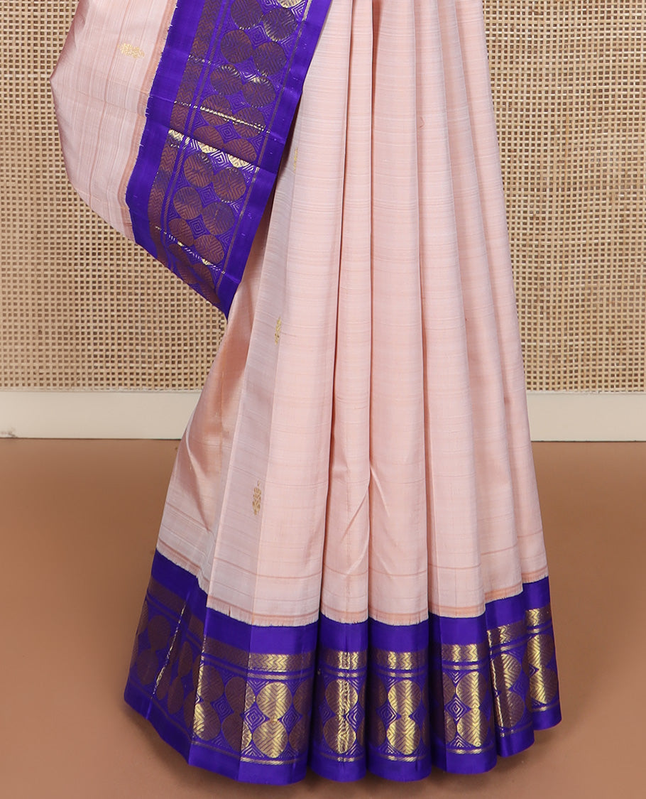 Sandal zari buttas Kanchipuram silk saree, contrast one-sided korvai border of vanki, and poun designs, and zari design pallu
