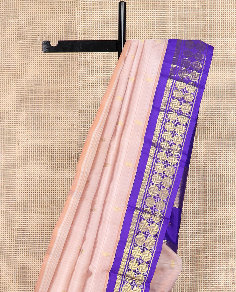 Sandal zari buttas Kanchipuram silk saree, contrast one-sided korvai border of vanki, and poun designs, and zari design pallu