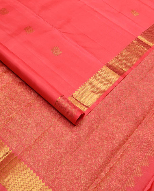 Pink zari buttas Kanchipuram silk saree, zari border of rekku, banaras, and vanki designs, and pallu of buttas enclosed checks