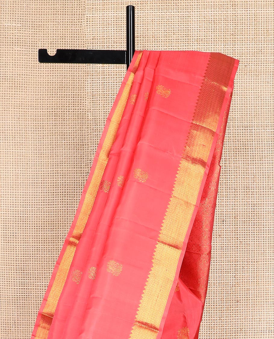 Pink zari buttas Kanchipuram silk saree, zari border of rekku, banaras, and vanki designs, and pallu of buttas enclosed checks