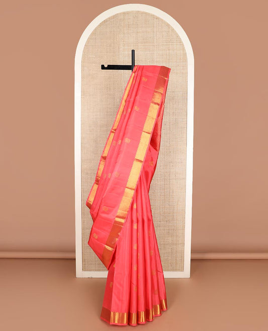 Pink zari buttas Kanchipuram silk saree, zari border of rekku, banaras, and vanki designs, and pallu of buttas enclosed checks