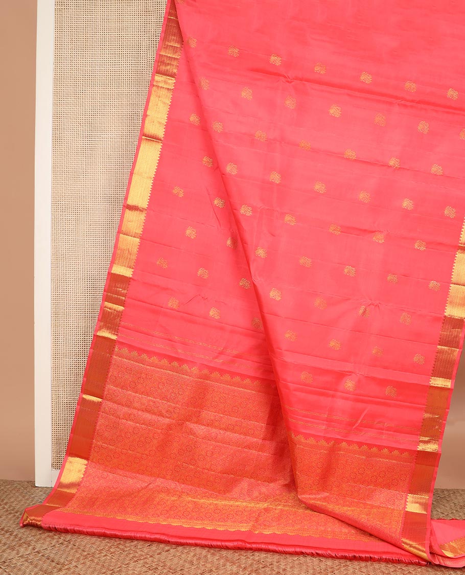 Pink zari buttas Kanchipuram silk saree, zari border of rekku, banaras, and vanki designs, and pallu of buttas enclosed checks