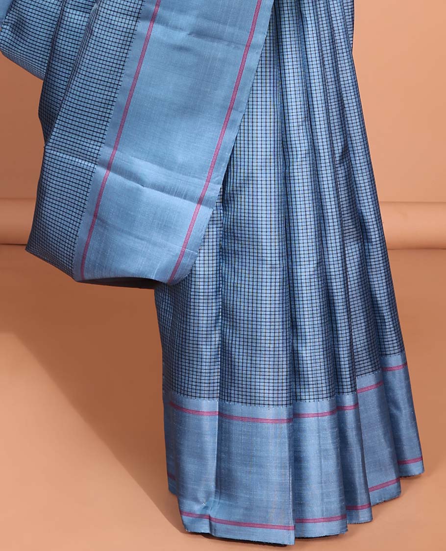 Blue checked kancheepuram silk saree with contrast rettai pettu border & striped design pallu