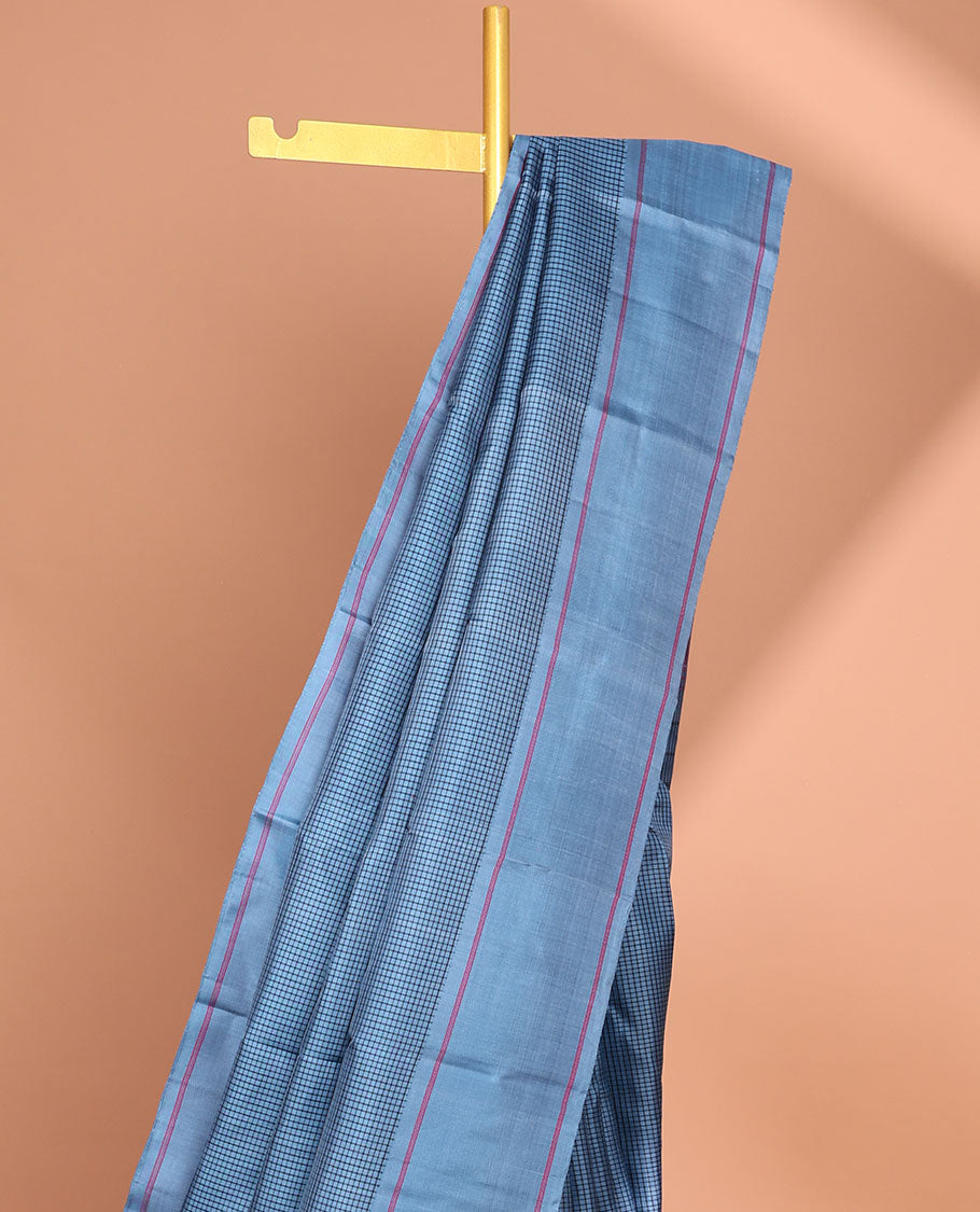Blue checked kancheepuram silk saree with contrast rettai pettu border & striped design pallu