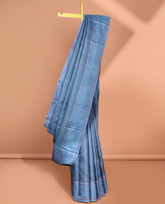 Blue checked kancheepuram silk saree with contrast rettai pettu border & striped design pallu