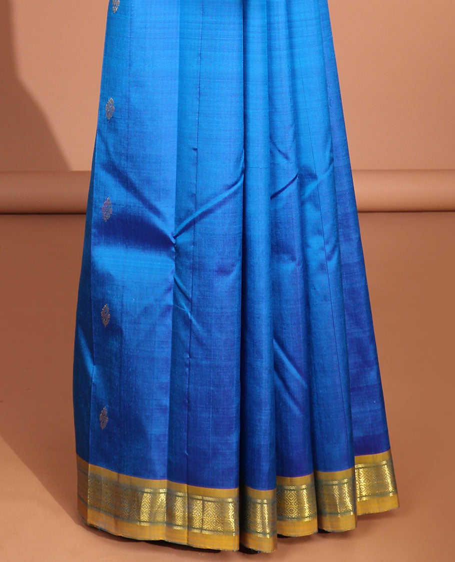 Blue buttas kancheepuram silk saree with contrast border of banaras, jaaal designs & striped,floral buttas pallu