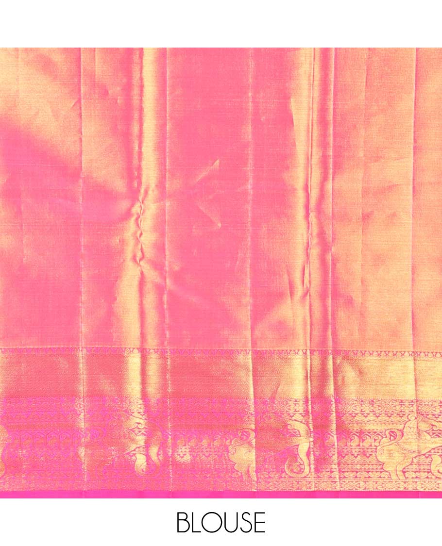 Pink floral, paisley design kancheepuram silk saree with contrast border of intricate zari design & floral design pallu