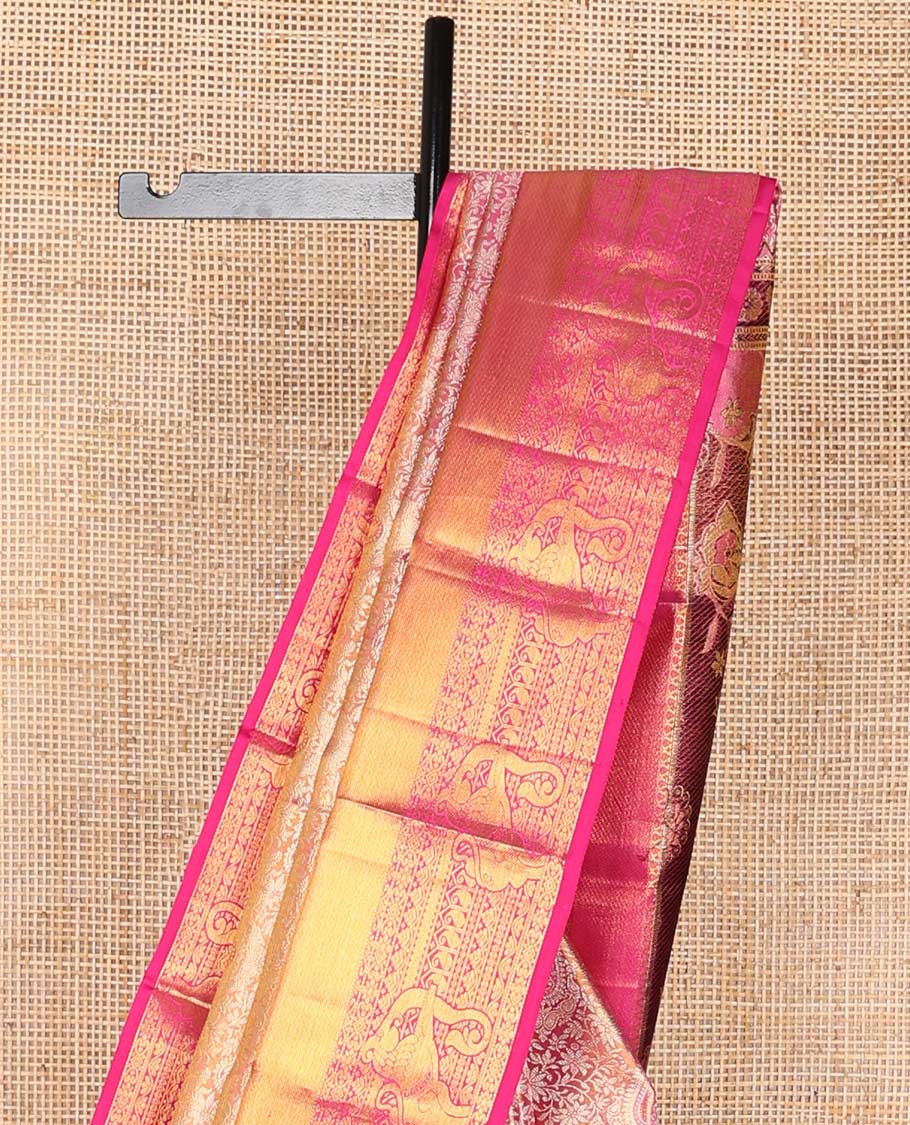 Pink floral, paisley design kancheepuram silk saree with contrast border of intricate zari design & floral design pallu