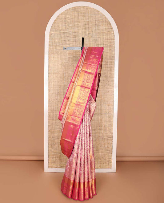 Pink floral, paisley design kancheepuram silk saree with contrast border of intricate zari design & floral design pallu
