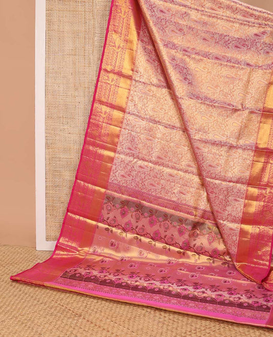 Pink floral, paisley design kancheepuram silk saree with contrast border of intricate zari design & floral design pallu
