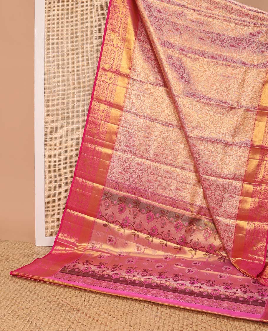 Pink floral, paisley design kancheepuram silk saree with contrast border of intricate zari design & floral design pallu