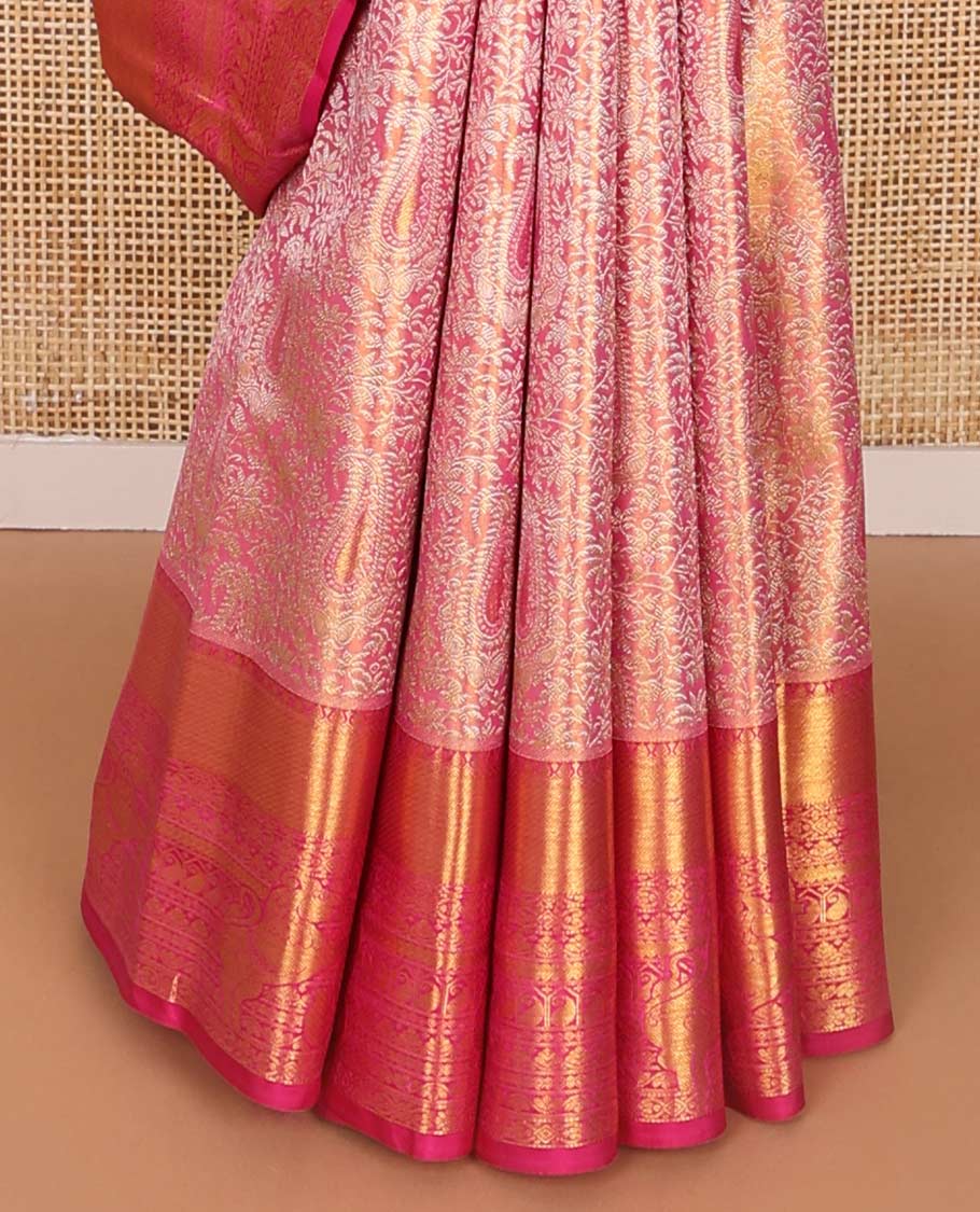 Pink floral, paisley design kancheepuram silk saree with contrast border of intricate zari design & floral design pallu