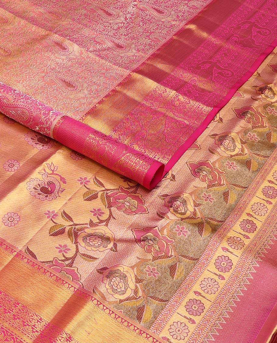Pink floral, paisley design kancheepuram silk saree with contrast border of intricate zari design & floral design pallu