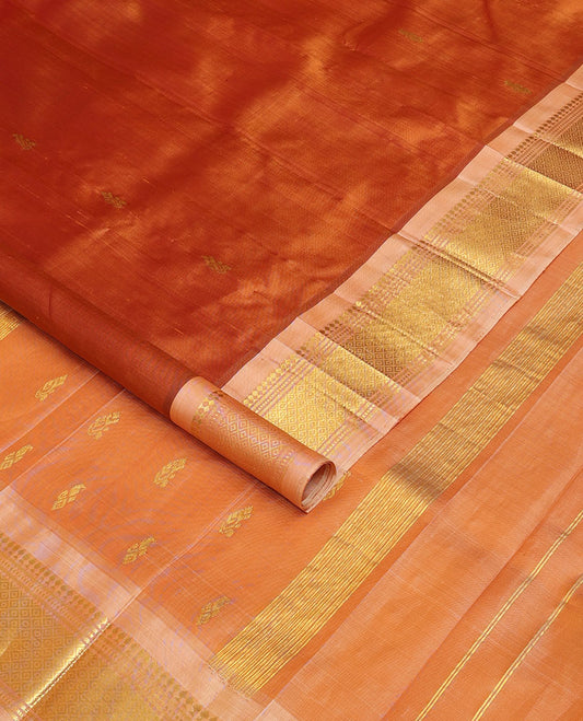 Honey color zari buttas Kanchipuram silk saree, contrast one-sided border of panner sombu,banaras,muthu & mayil kann & zari design pallu