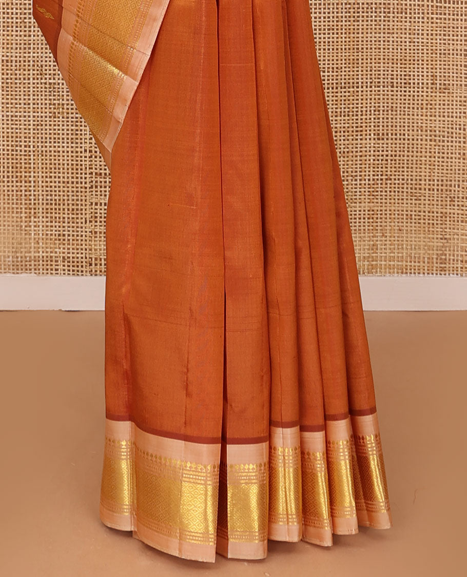 Honey color zari buttas Kanchipuram silk saree, contrast one-sided border of panner sombu,banaras,muthu & mayil kann & zari design pallu