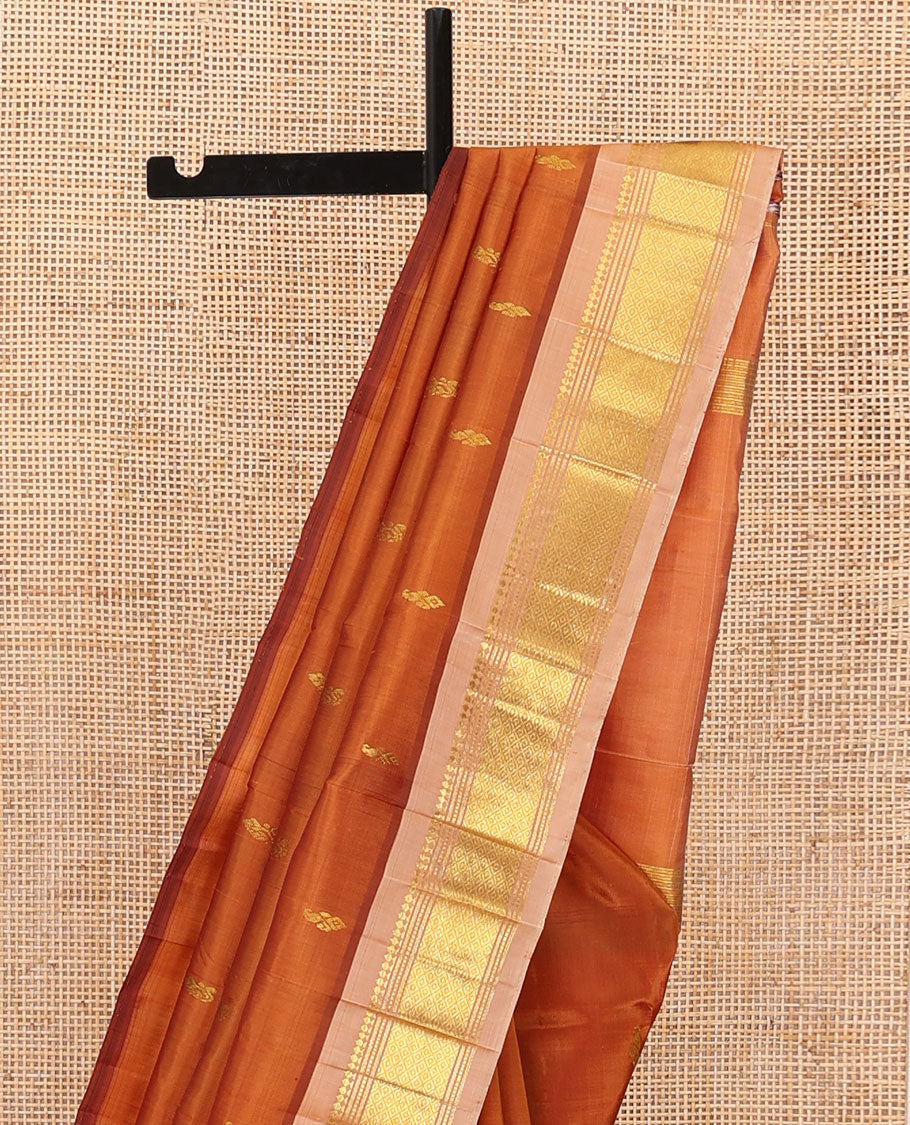 Honey color zari buttas Kanchipuram silk saree, contrast one-sided border of panner sombu,banaras,muthu & mayil kann & zari design pallu
