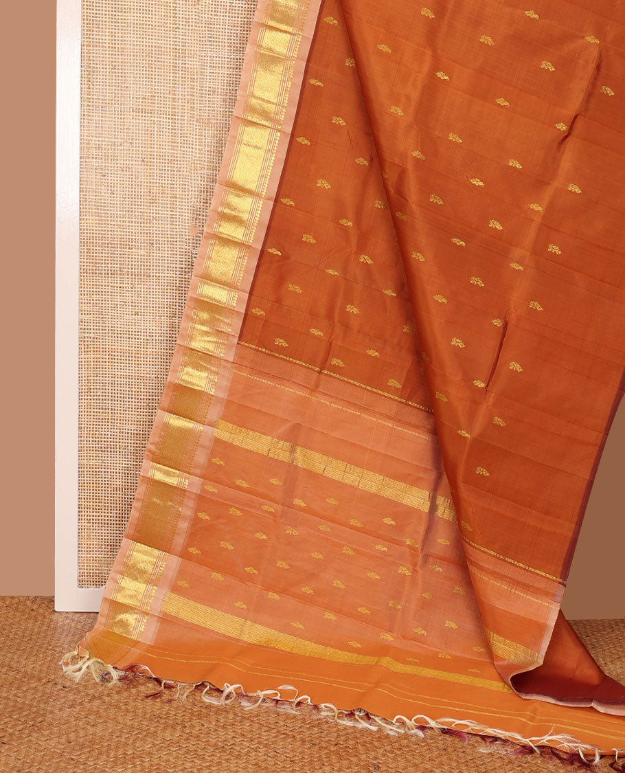 Honey color zari buttas Kanchipuram silk saree, contrast one-sided border of panner sombu,banaras,muthu & mayil kann & zari design pallu