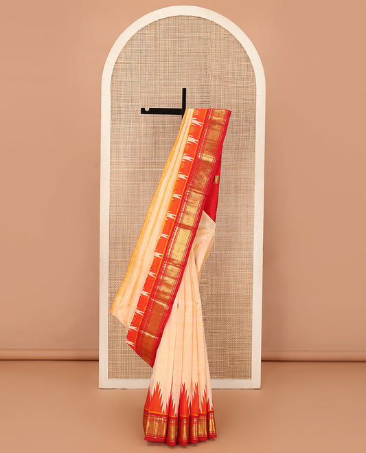 Cream zari buttas Kanchipuram silk saree, contrast one-sided thazampoo rekku traditional zari design border and zari design pallu