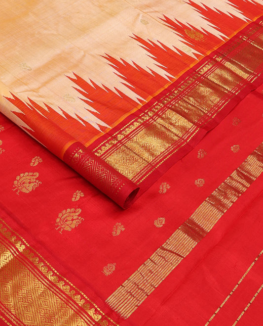 Cream zari buttas Kanchipuram silk saree, contrast one-sided thazampoo rekku traditional zari design border and zari design pallu