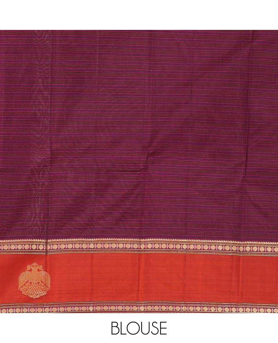 Purple striped Kanchipuram silk saree, contrast border of rekku, muthu, rudraksham and iruthalai pakshi motifs, and zari striped pallu