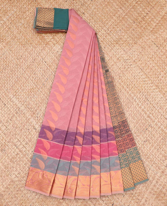 Light pink leaf design kora cotton saree contrast floral vine design border & ogee zari design pallu