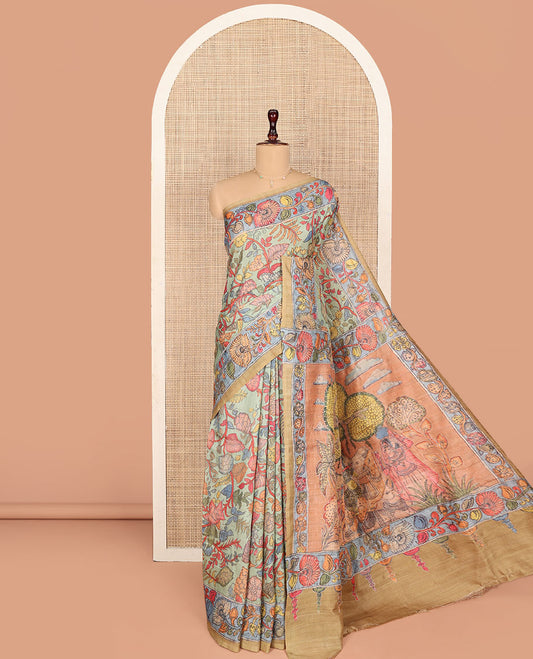 Light Pista Semi-Tussar Saree Colorfully Highlighted with Kalamkari-Style Floral Vine Print, Captivating Contrast Border Printed with Floral Motifs, Pallu Depicting Krishna and Gopis Print, and Paired with a Contrast Printed Blouse