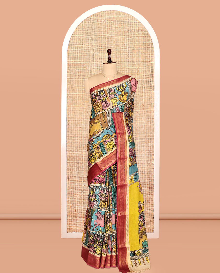 Multi-Color Kalamkari Silk Saree, Meticulously Crafted with Ancient Human Motifs Print, a Contrast Traditional Zari Border, Human Motifs Pallu, and a Contrast Blouse