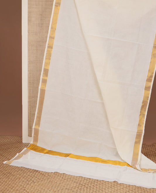 Cream plain design Kerala saree, zari border, and zari pallu