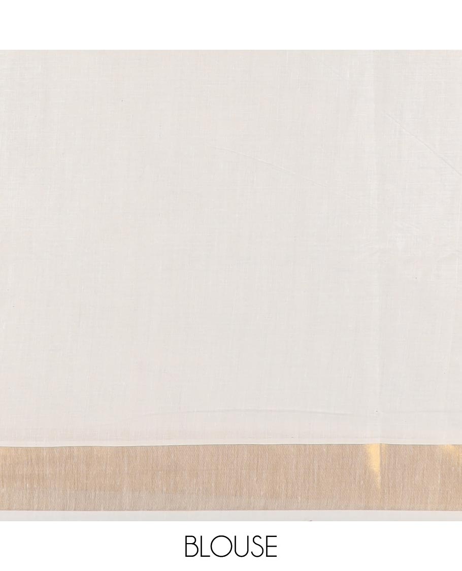 Cream floral motifs embroidered Kerala cotton saree, bavanji border, and peacock embroidered pallu