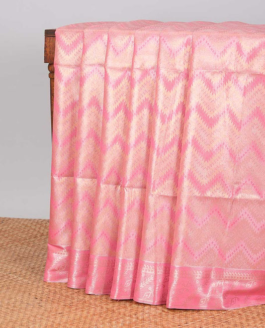 Pink zig zag striped kora cotton saree with contrast floral border & argyle design pallu