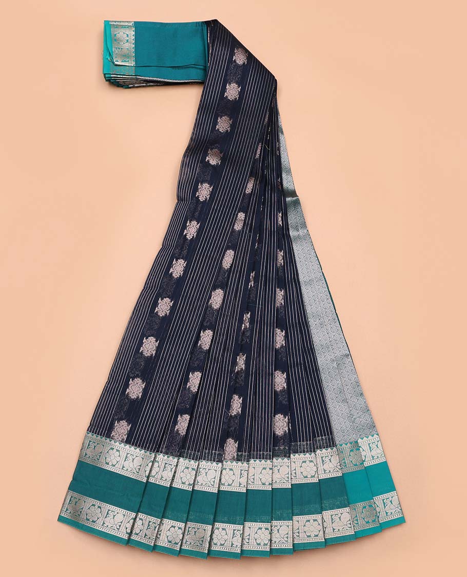 Black striped, floral design kora cotton saree with contrast zari design & jaal design pallu