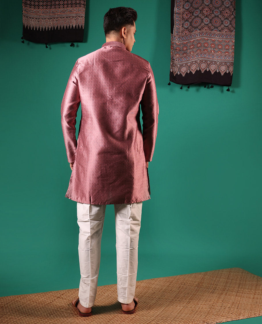 Pink peacock eye style diamond patterns embossed full-sleeved  men's kurta