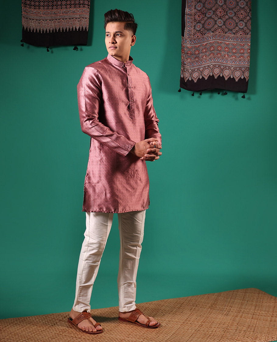 Pink peacock eye style diamond patterns embossed full-sleeved  men's kurta