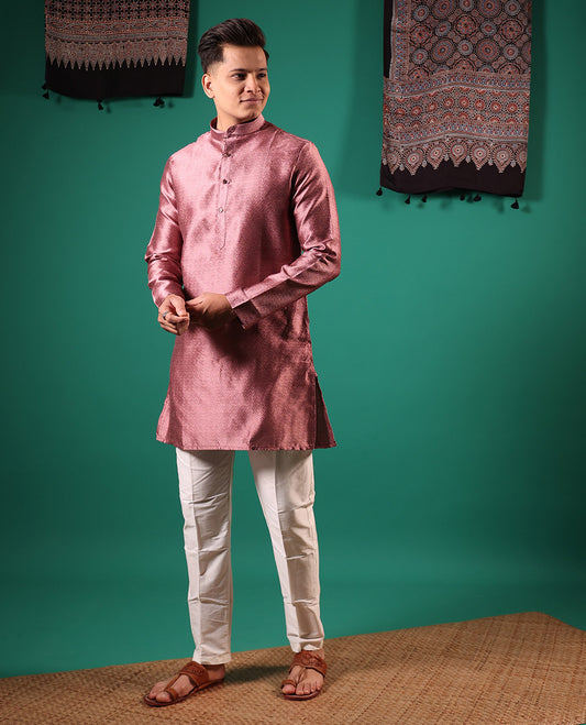Pink peacock eye style diamond patterns embossed full-sleeved  men's kurta