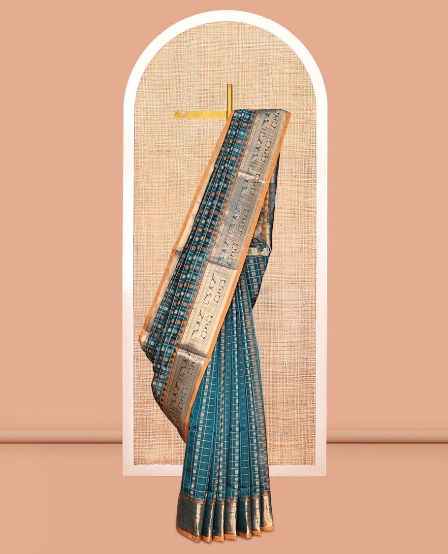 Blue Buttas-Checked Kuppadam Silk Saree, a Semi-Contrast Zari Border, Grand Pallu, a Matching Blouse