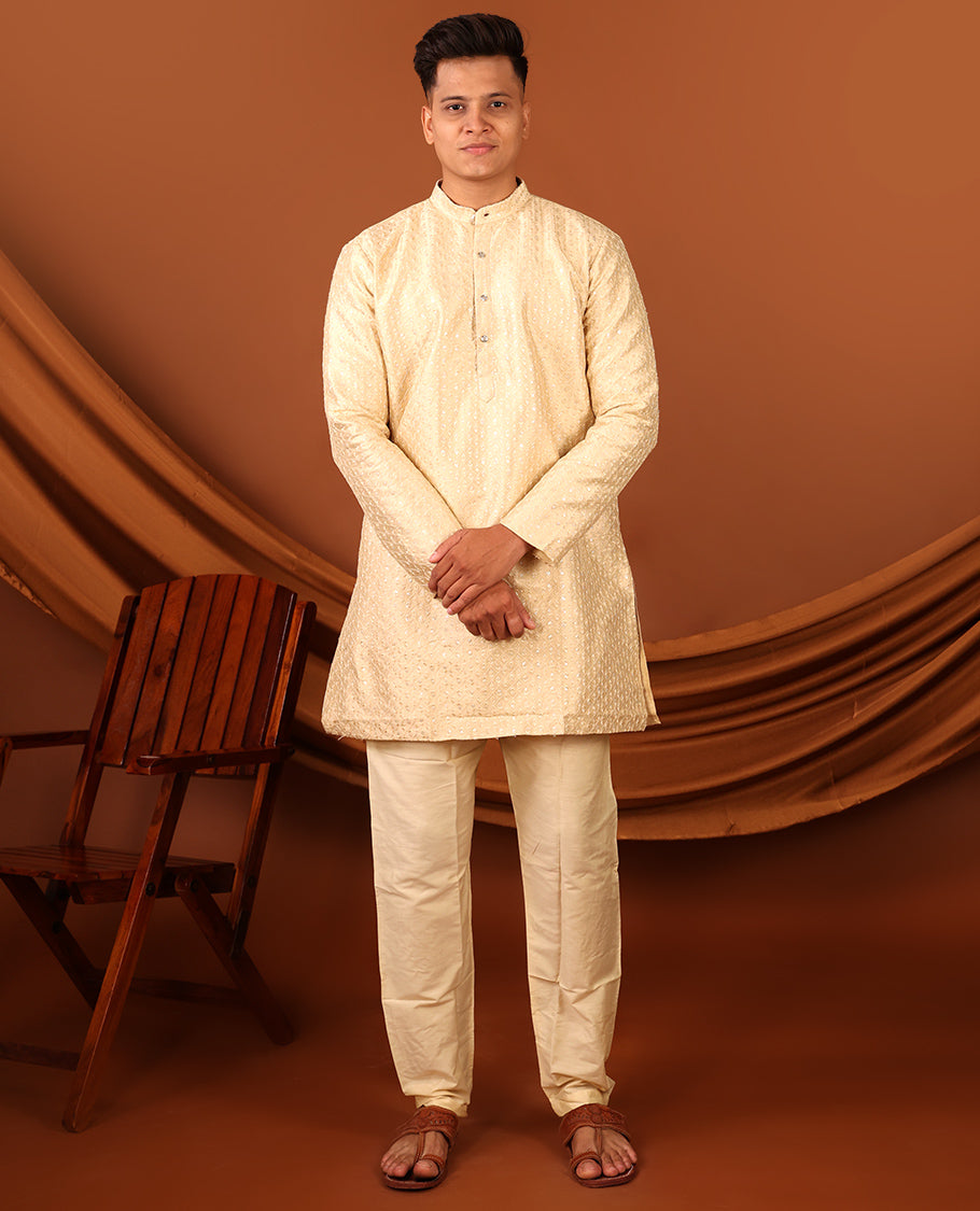Sandal Sequins-Thread Jaal-Design Embroidered Full-Sleeved Men's Kurta