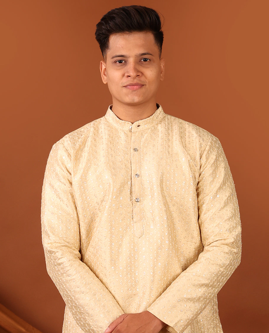 Sandal Sequins-Thread Jaal-Design Embroidered Full-Sleeved Men's Kurta