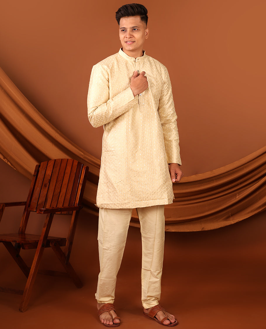 Sandal Sequins-Thread Jaal-Design Embroidered Full-Sleeved Men's Kurta