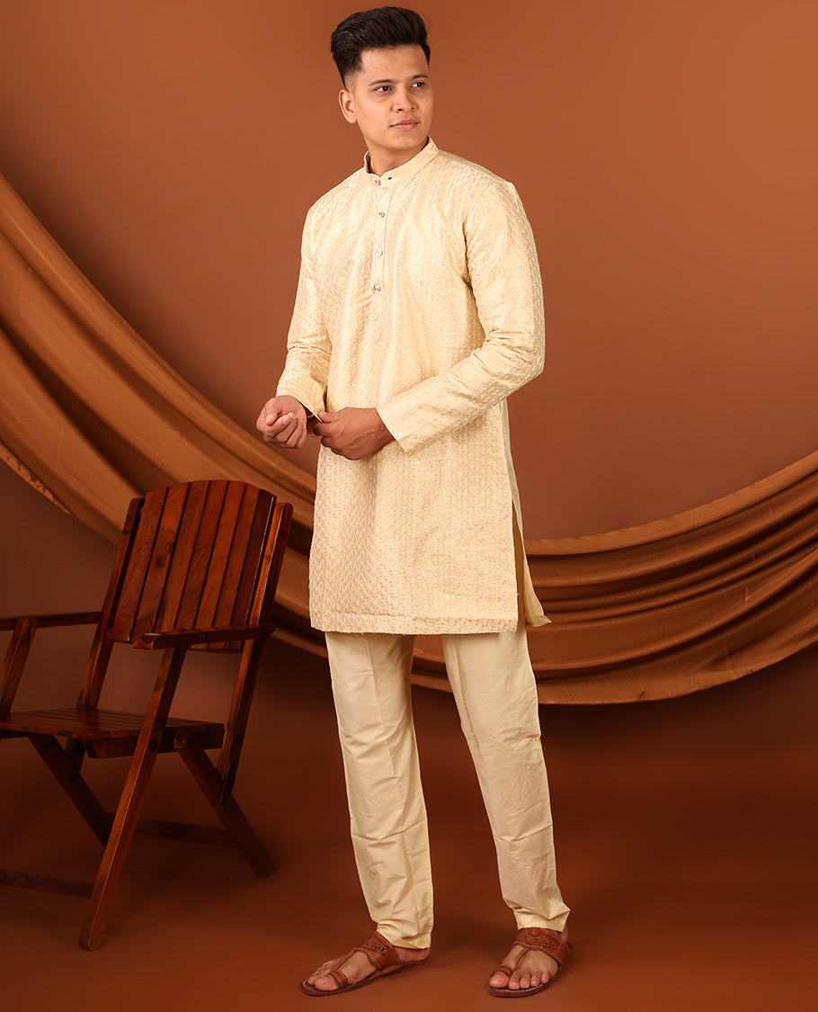 Sandal Sequins-Thread Jaal-Design Embroidered Full-Sleeved Men's Kurta