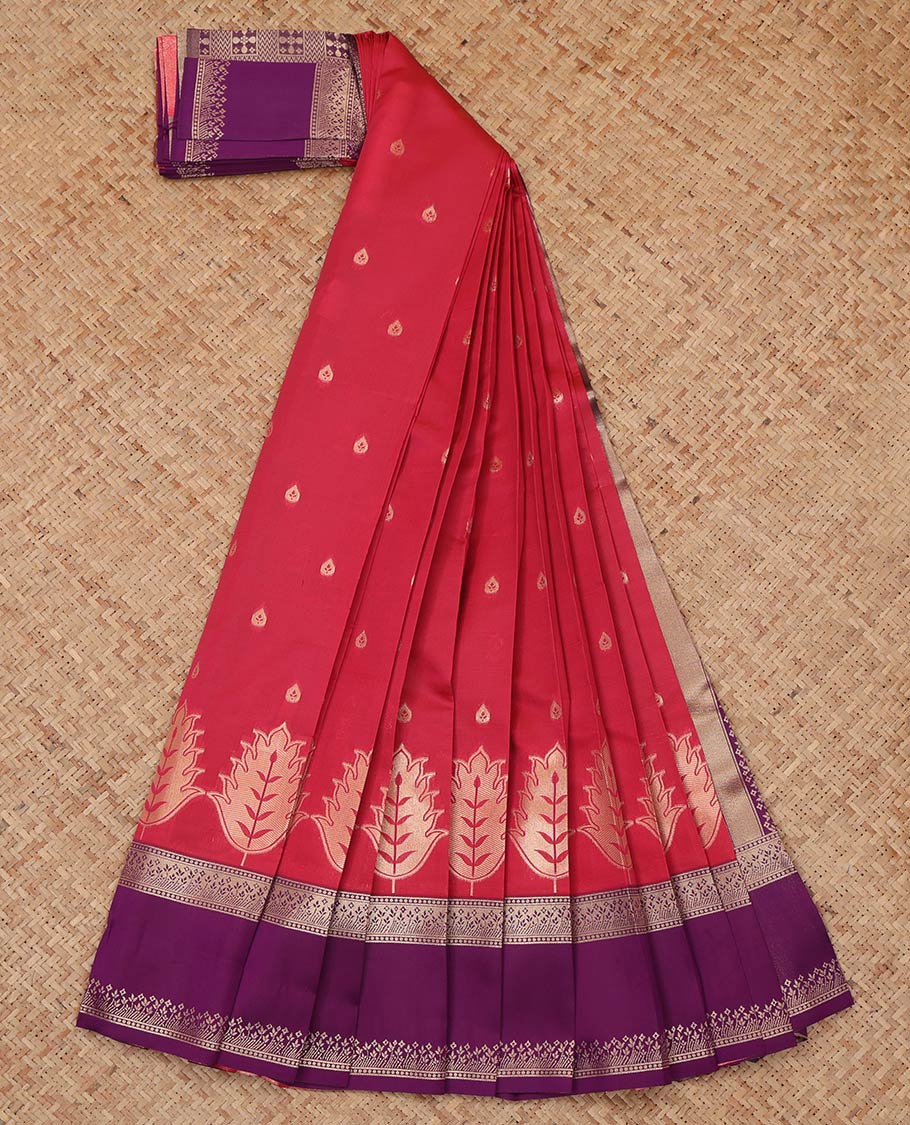 Red Litchi Saree, Detailed with Zari Buttas, a Contrast Traditional Rettai Pettu Border, Grand Pallu, and a Contrast Blouse