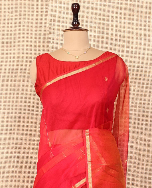 Red Maheshwari Cotton Saree, Uniquely Detailed with Diamond Buttas on Its Body, Highlighted by Piping Zari Design Border, Gleaming Pallu of Zari Stripes, and Paired with a Matching Blouse