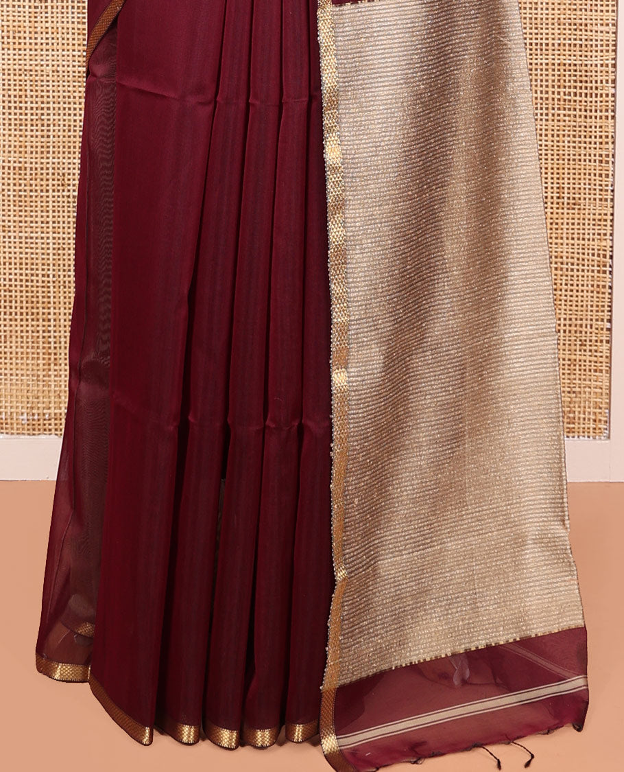 Maroon Plain Maheshwari Cotton Saree, Subtly Woven Zari Piping Border,  Gleaming Zari Design Pallu and Paired with a Matching Blouse