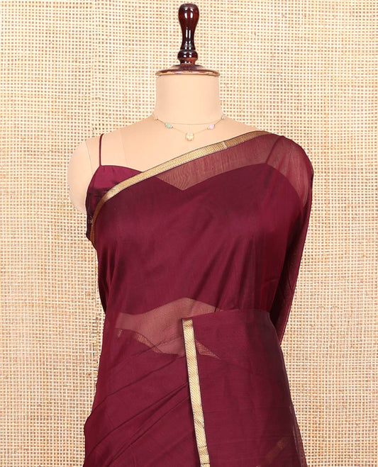 Maroon Plain Maheshwari Cotton Saree, Subtly Woven Zari Piping Border,  Gleaming Zari Design Pallu and Paired with a Matching Blouse