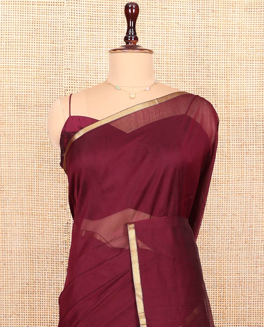 Maroon Plain Maheshwari Cotton Saree, Subtly Woven Zari Piping Border,  Gleaming Zari Design Pallu and Paired with a Matching Blouse