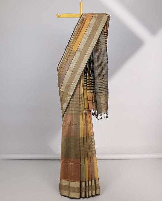 Multi-colored striped maheshwari cotton saree with contrast intricate zari border & checked zari pallu