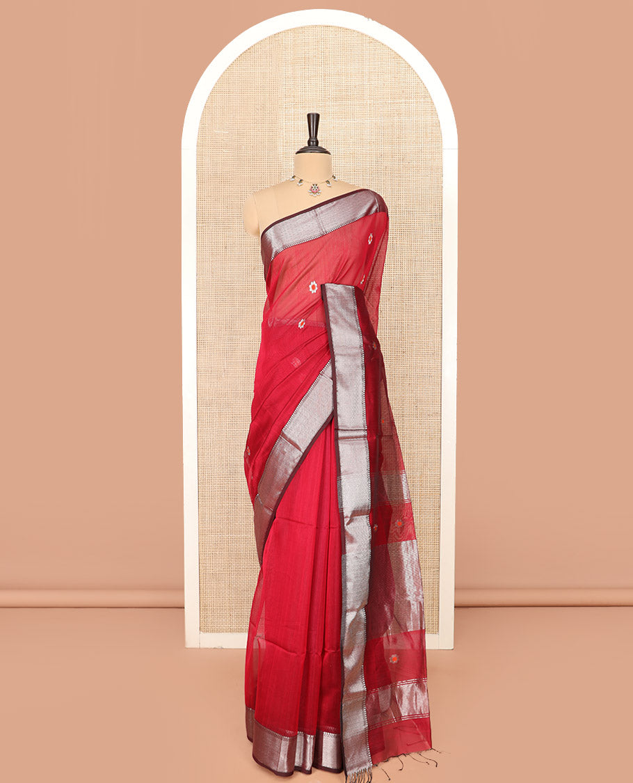 Red Maheshwari Cotton Saree Bedecked with Floral Zari Buttas, Graced with Contrast Chevron Striped Zari Border, Pallu Elevated with Zari Stripes, and Paired with a Matching Blouse