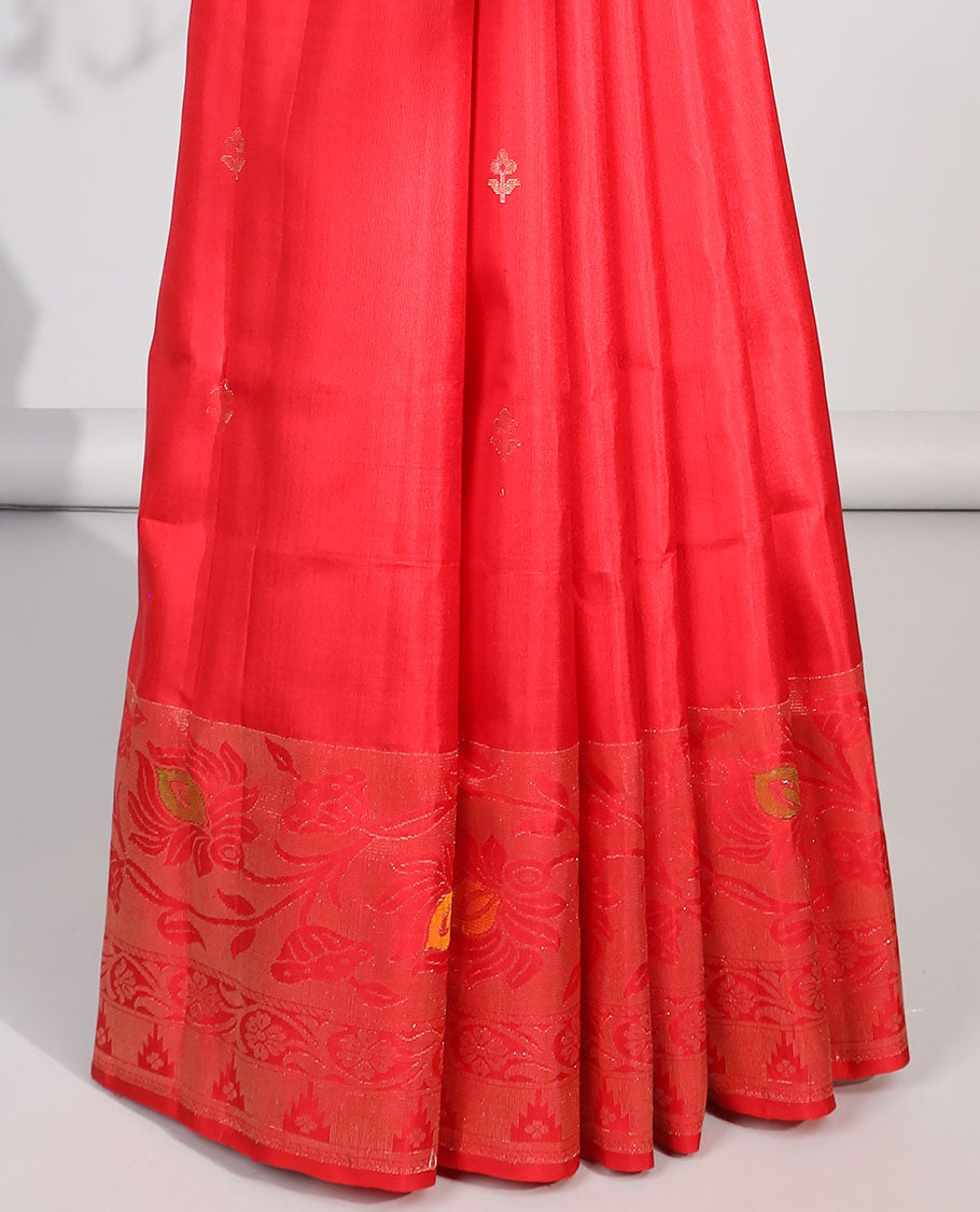 Red floral buttas soft silk saree with self floral zari border & floral zari design pallu
