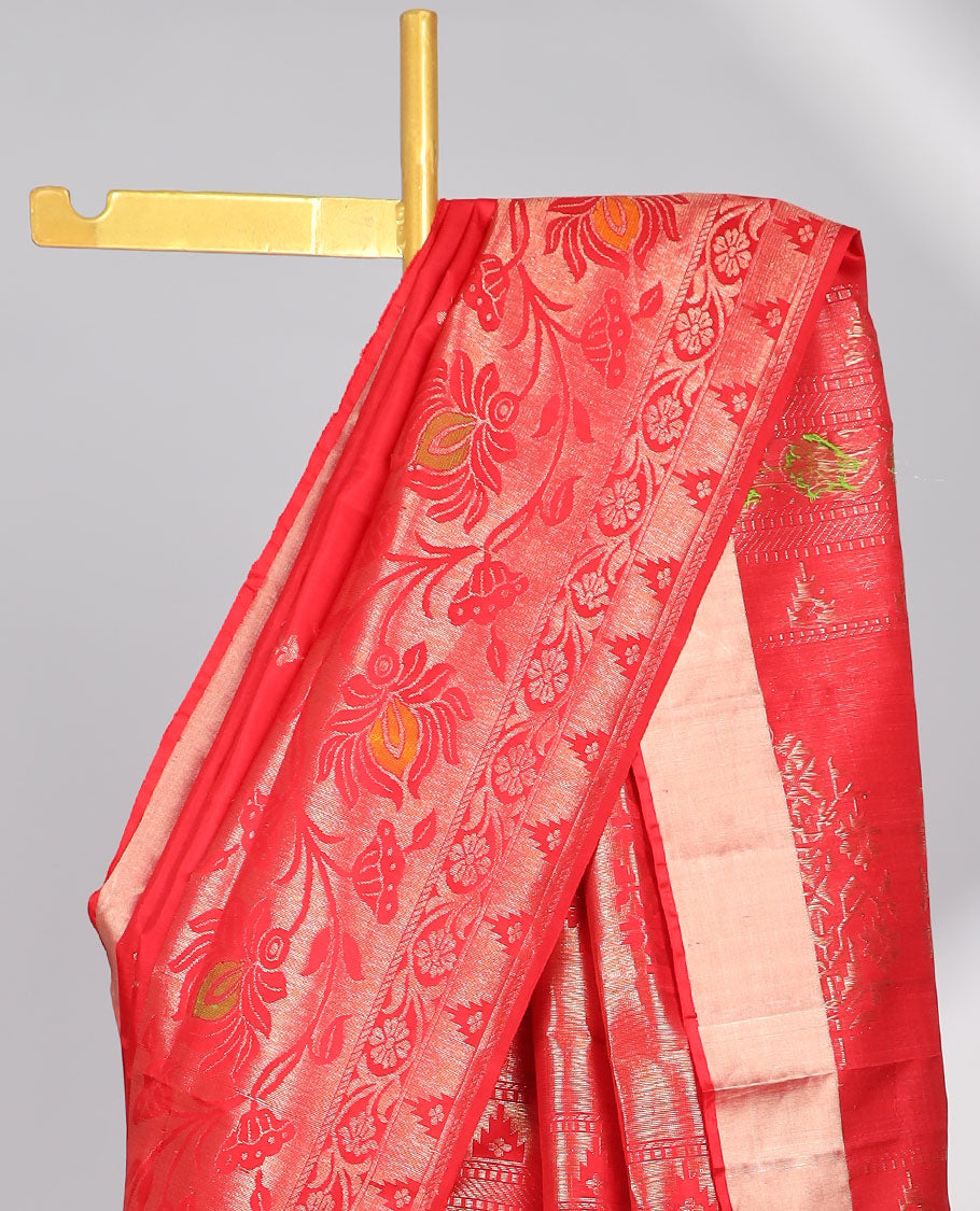 Red floral buttas soft silk saree with self floral zari border & floral zari design pallu