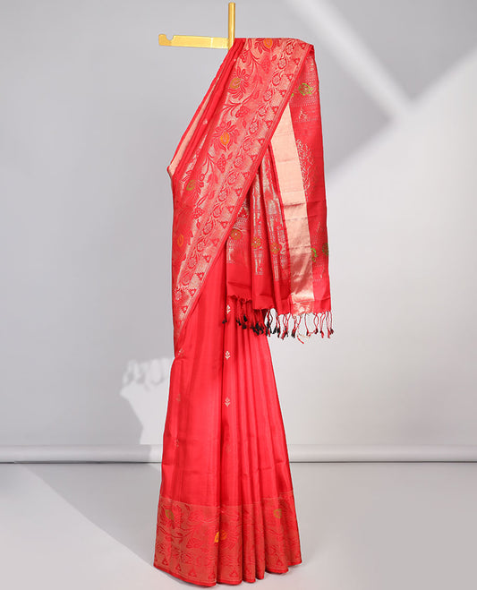 Red floral buttas soft silk saree with self floral zari border & floral zari design pallu